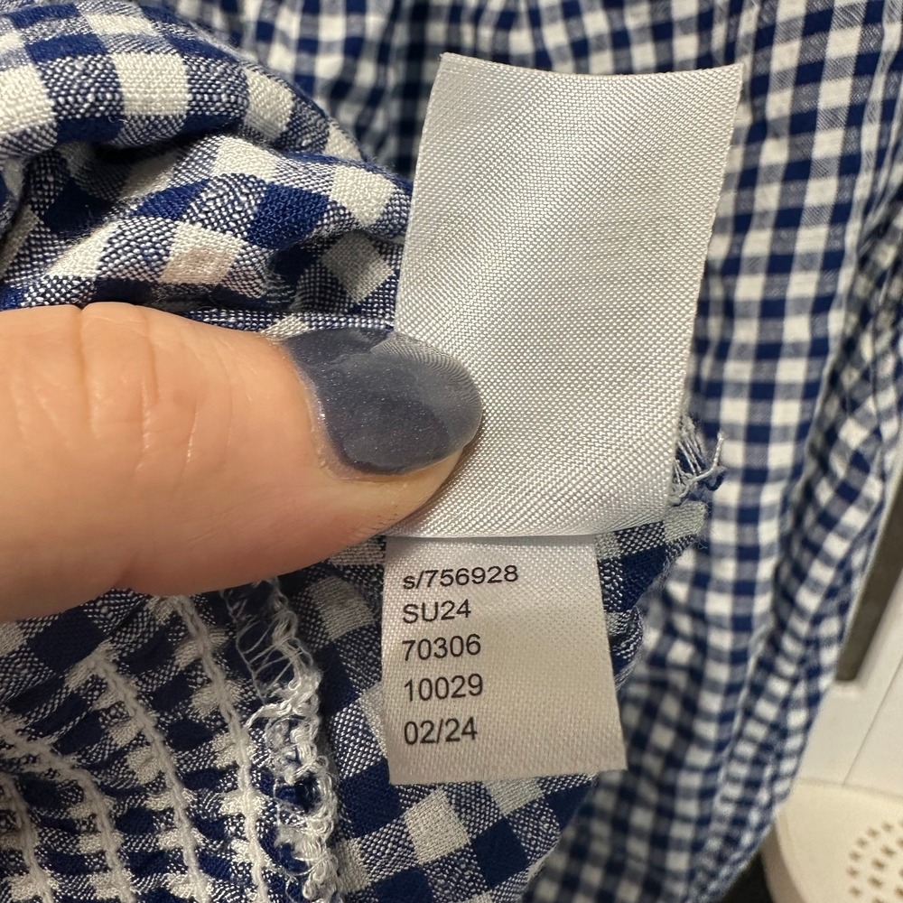 LOFT Gingham Cropped Blouse Tie Front Blue White Plaid Western Festival Sz L - Picture 5 of 8